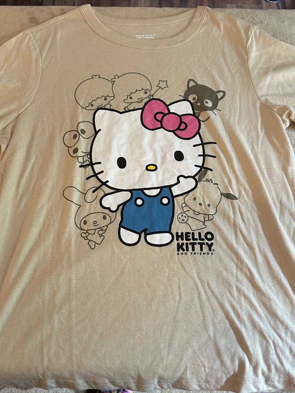 Hello Kitty Beige Tee with Pink Bow and Blue Overalls